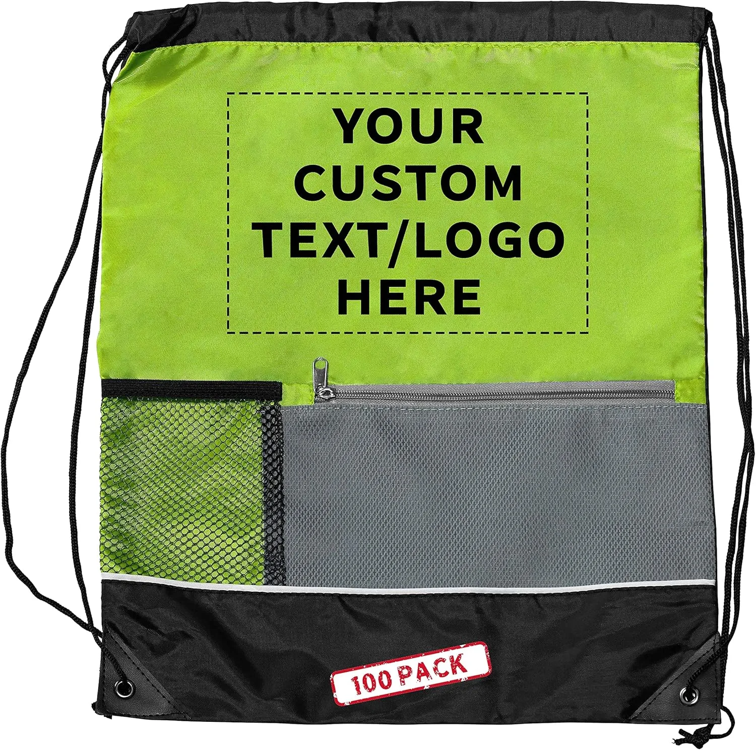 DISCOUNT PROMOS Custom Front Pocket Drawstring Backpacks Set of 100, Personalized Bulk Pack - Reusable Bags, Lightweight Backpacks, Sports Drawstring Bags, Promotional Drawstring Bags - Lime Green