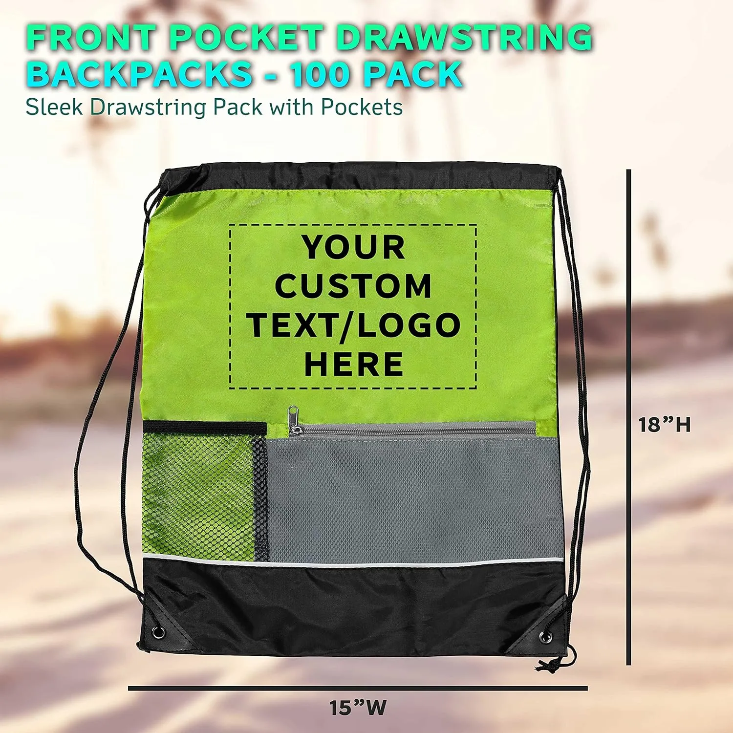 DISCOUNT PROMOS Custom Front Pocket Drawstring Backpacks Set of 100, Personalized Bulk Pack - Reusable Bags, Lightweight Backpacks, Sports Drawstring Bags, Promotional Drawstring Bags - Lime Green