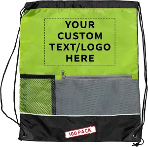 DISCOUNT PROMOS Custom Front Pocket Drawstring Backpacks Set of 100, Personalized Bulk Pack - Reusable Bags, Lightweight Backpacks, Sports Drawstring Bags, Promotional Drawstring Bags - Lime Green