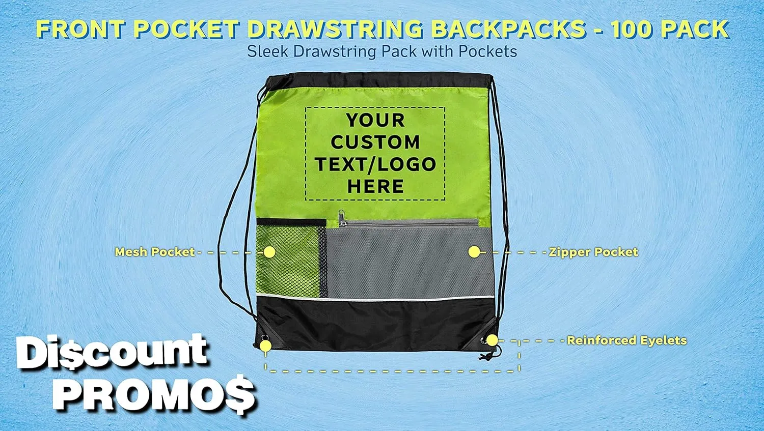 DISCOUNT PROMOS Custom Front Pocket Drawstring Backpacks Set of 100, Personalized Bulk Pack - Reusable Bags, Lightweight Backpacks, Sports Drawstring Bags, Promotional Drawstring Bags - Lime Green