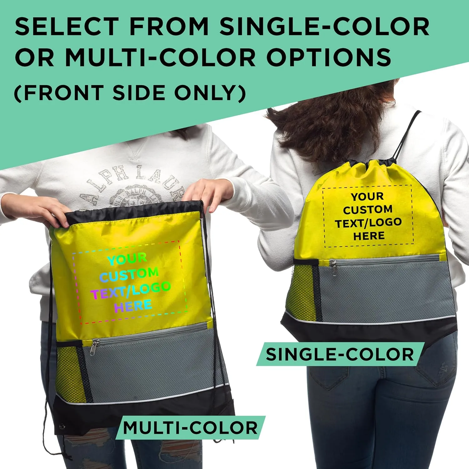 DISCOUNT PROMOS Custom Front Pocket Drawstring Backpacks Set of 100, Personalized Bulk Pack - Reusable Bags, Lightweight Backpacks, Sports Drawstring Bags, Promotional Drawstring Bags - Yellow