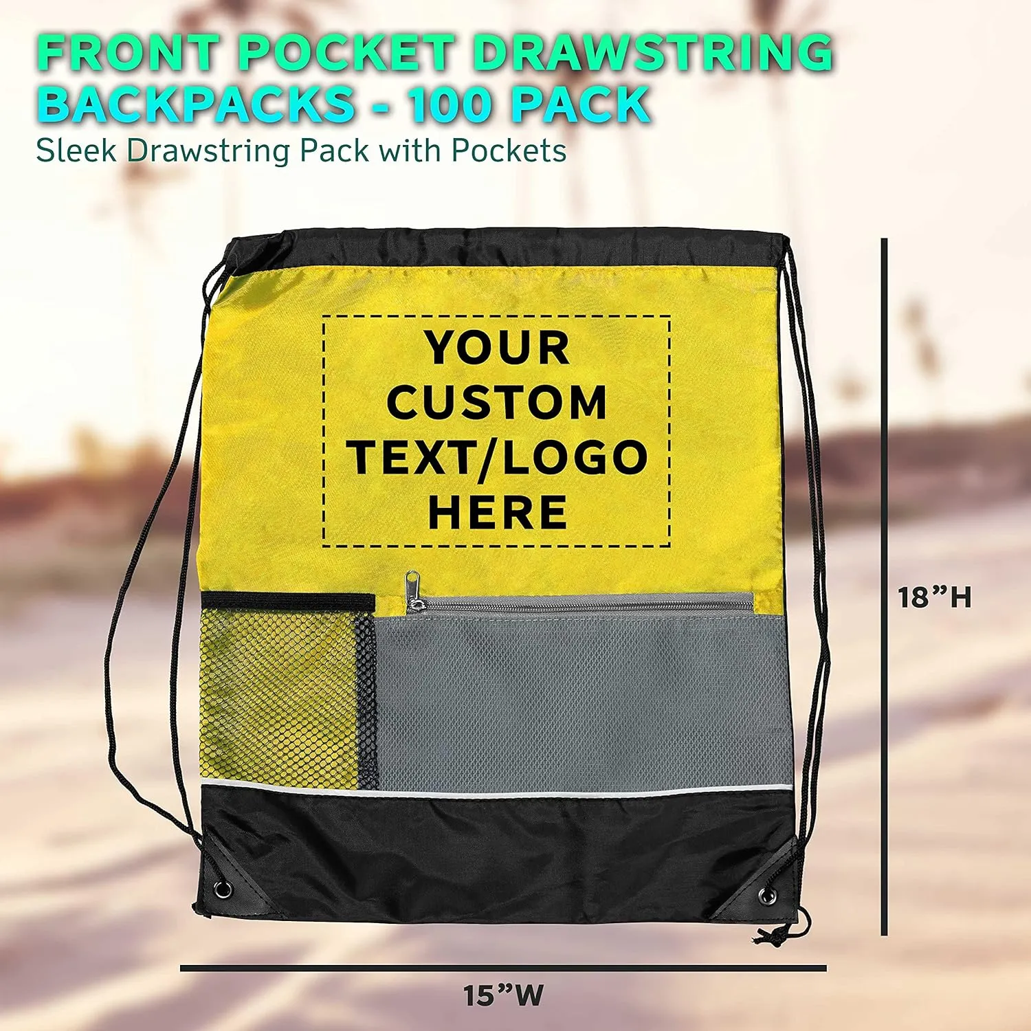DISCOUNT PROMOS Custom Front Pocket Drawstring Backpacks Set of 100, Personalized Bulk Pack - Reusable Bags, Lightweight Backpacks, Sports Drawstring Bags, Promotional Drawstring Bags - Yellow