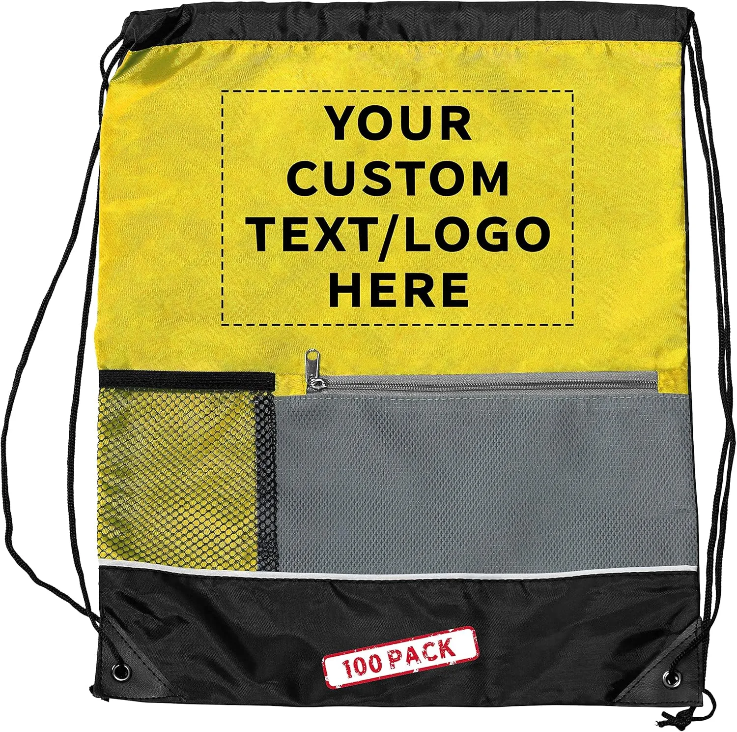 DISCOUNT PROMOS Custom Front Pocket Drawstring Backpacks Set of 100, Personalized Bulk Pack - Reusable Bags, Lightweight Backpacks, Sports Drawstring Bags, Promotional Drawstring Bags - Yellow