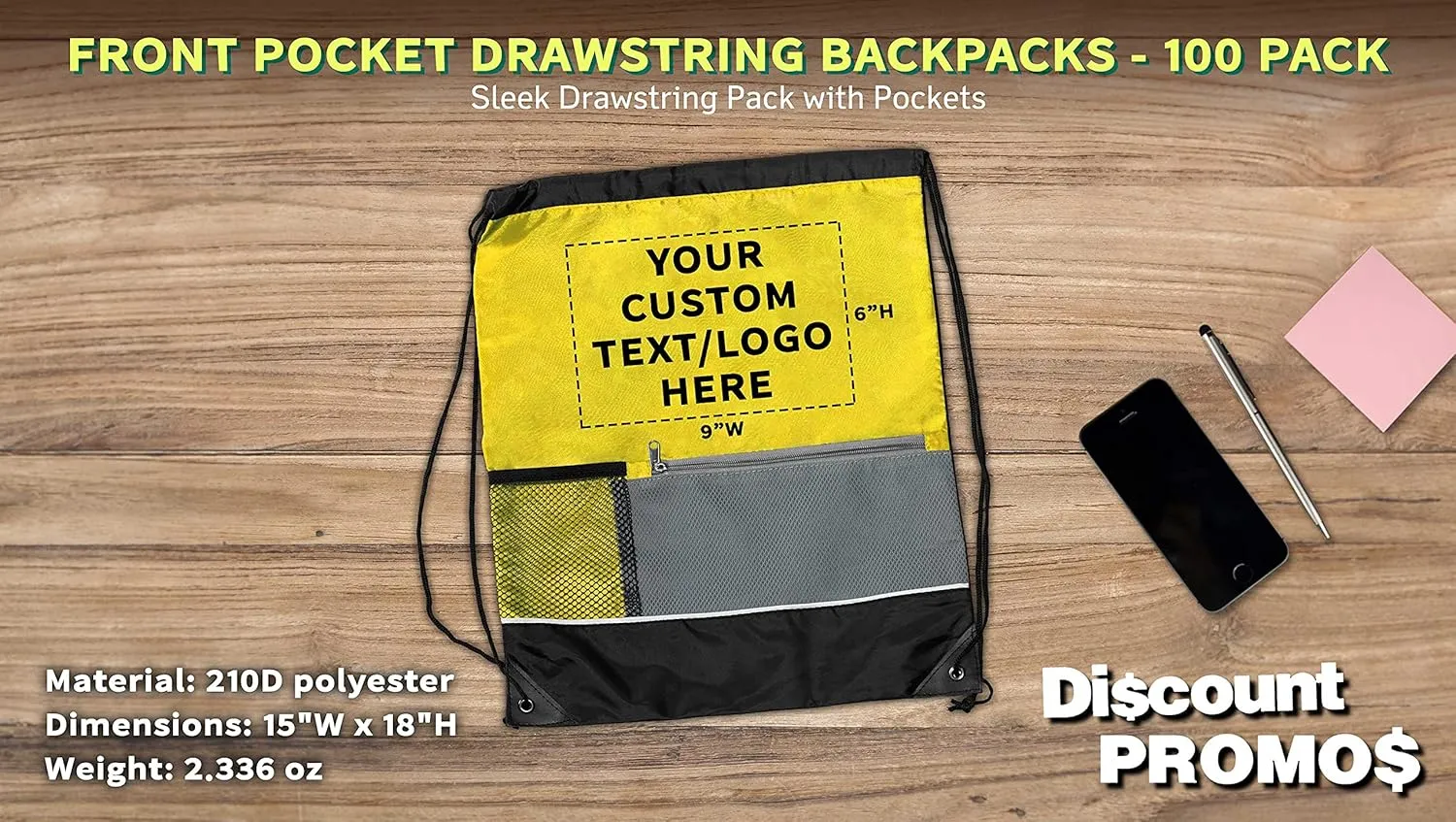 DISCOUNT PROMOS Custom Front Pocket Drawstring Backpacks Set of 100, Personalized Bulk Pack - Reusable Bags, Lightweight Backpacks, Sports Drawstring Bags, Promotional Drawstring Bags - Yellow