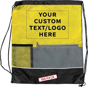 DISCOUNT PROMOS Custom Front Pocket Drawstring Backpacks Set of 100, Personalized Bulk Pack - Reusable Bags, Lightweight Backpacks, Sports Drawstring Bags, Promotional Drawstring Bags - Yellow