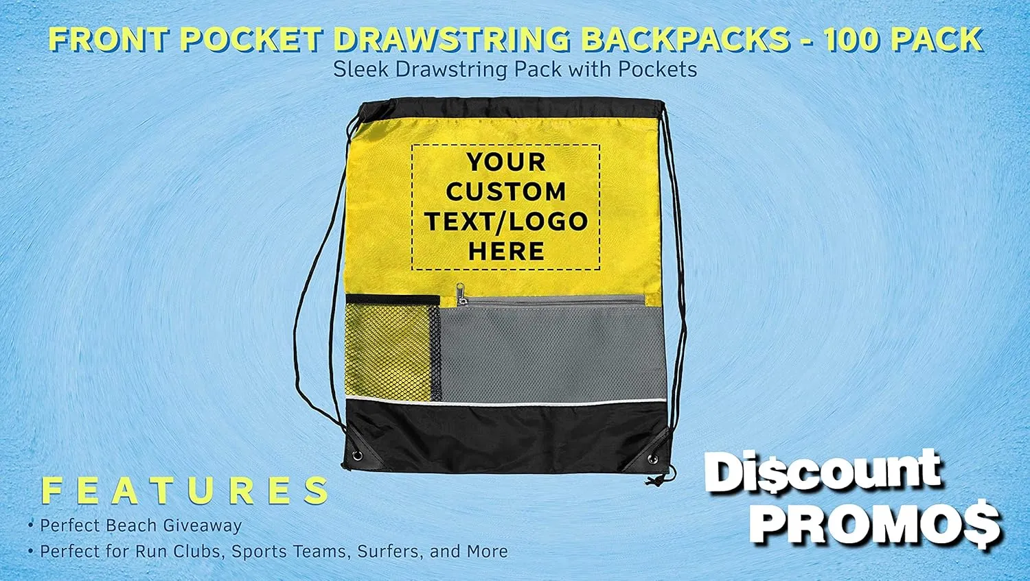 DISCOUNT PROMOS Custom Front Pocket Drawstring Backpacks Set of 100, Personalized Bulk Pack - Reusable Bags, Lightweight Backpacks, Sports Drawstring Bags, Promotional Drawstring Bags - Yellow