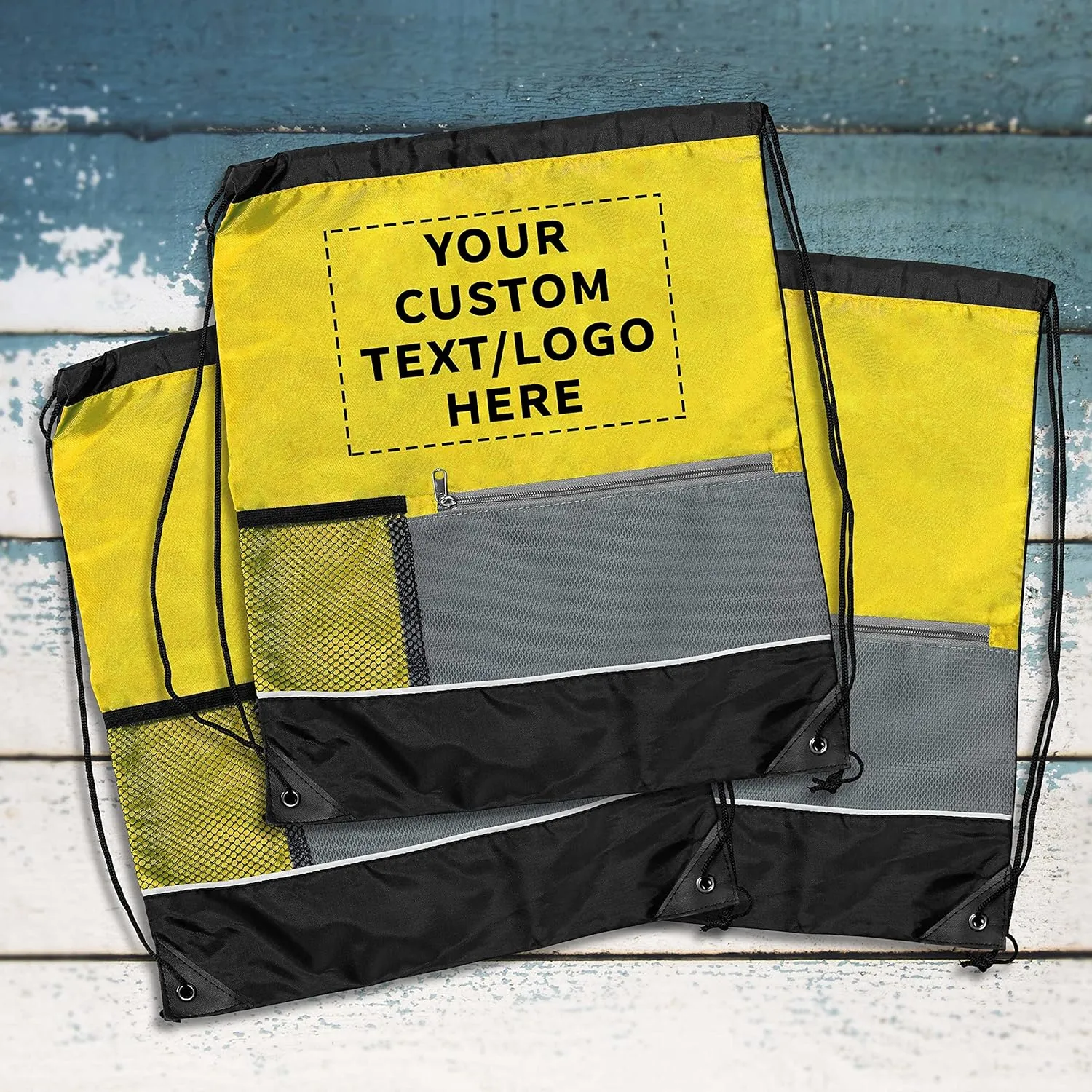 DISCOUNT PROMOS Custom Front Pocket Drawstring Backpacks Set of 100, Personalized Bulk Pack - Reusable Bags, Lightweight Backpacks, Sports Drawstring Bags, Promotional Drawstring Bags - Yellow