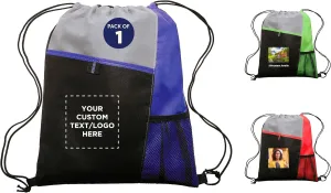 DISCOUNT PROMOS Custom Mesh Pocket Drawstring Backpacks Set of 1 - Customizable Text, Logo - Durable, Multicolor, Black Straps - Blue