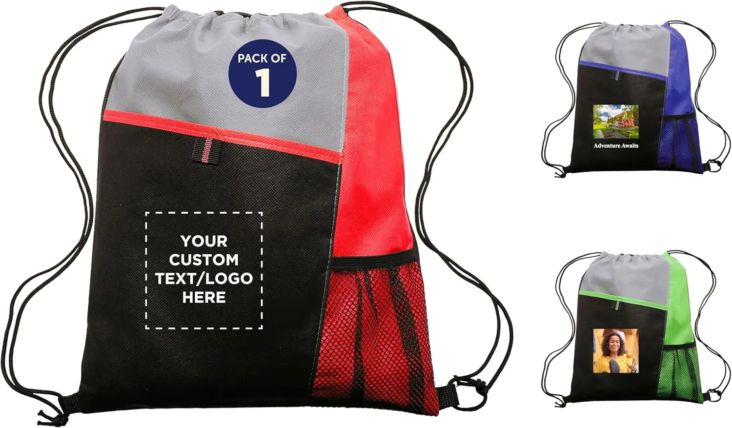 DISCOUNT PROMOS Custom Mesh Pocket Drawstring Backpacks Set of 1 - Customizable Text, Logo - Durable, Multicolor, Black Straps - Red