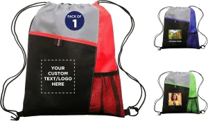 DISCOUNT PROMOS Custom Mesh Pocket Drawstring Backpacks Set of 1 - Customizable Text, Logo - Durable, Multicolor, Black Straps - Red