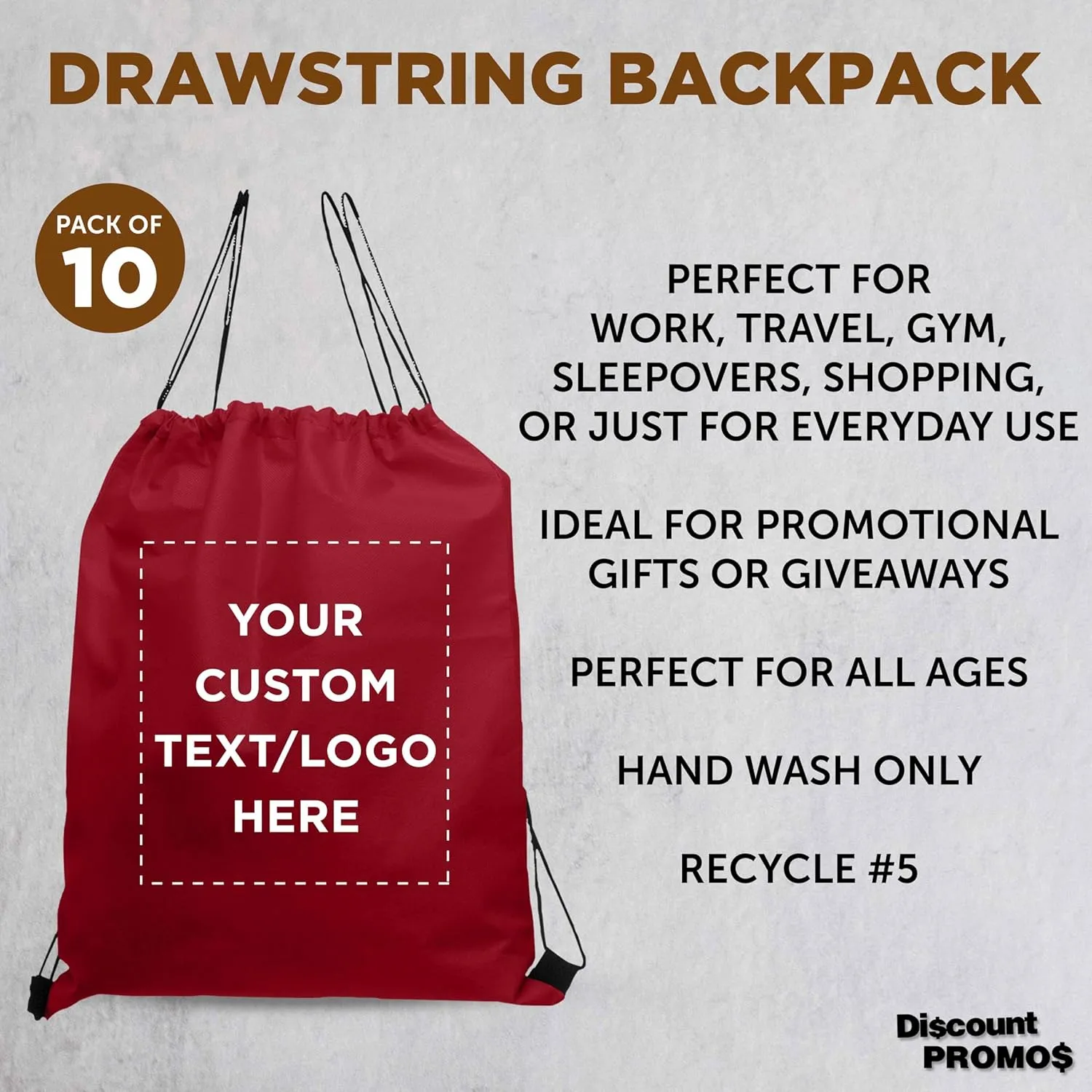 DISCOUNT PROMOS Custom Non-Woven Drawstring Backpacks Set of 10, Personalized Bulk Pack - Bring Everywhere You Go, Great for Travelling, Gym and for Everyday Use - Burgundy