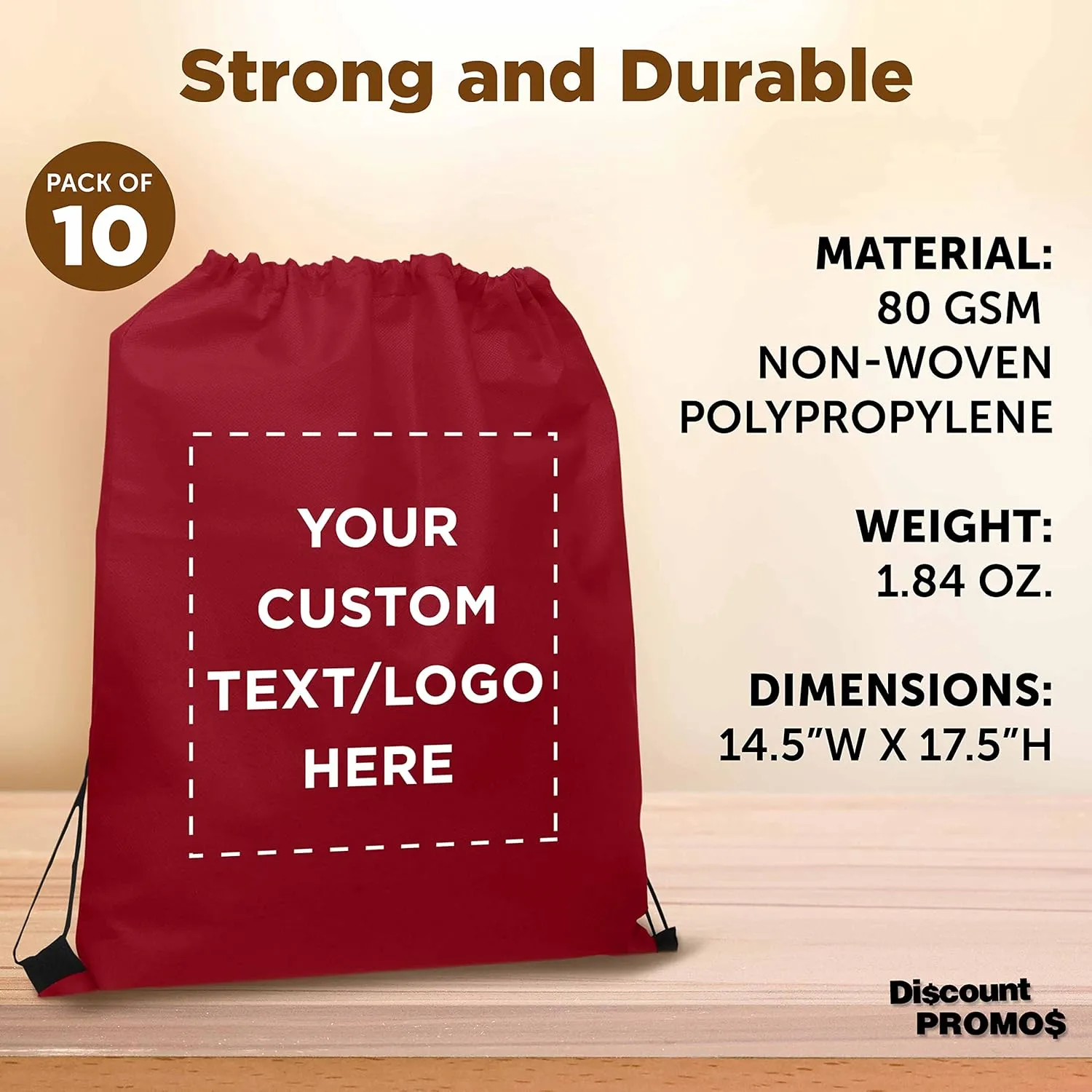 DISCOUNT PROMOS Custom Non-Woven Drawstring Backpacks Set of 10, Personalized Bulk Pack - Bring Everywhere You Go, Great for Travelling, Gym and for Everyday Use - Burgundy