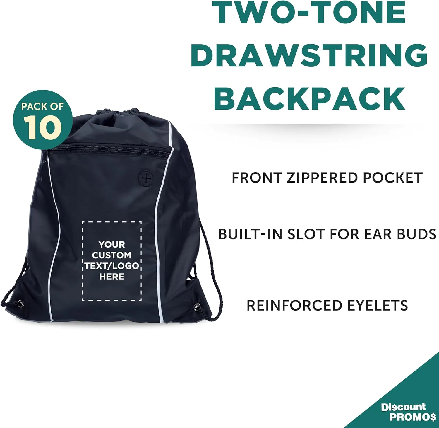 DISCOUNT PROMOS Two-Tone Drawstring Backpack Non-Woven - 10 pack - Customizable Text, Logo - Durable Sports Backpacks - Ideal for Work, Sports, Travel, Gym & More - Black