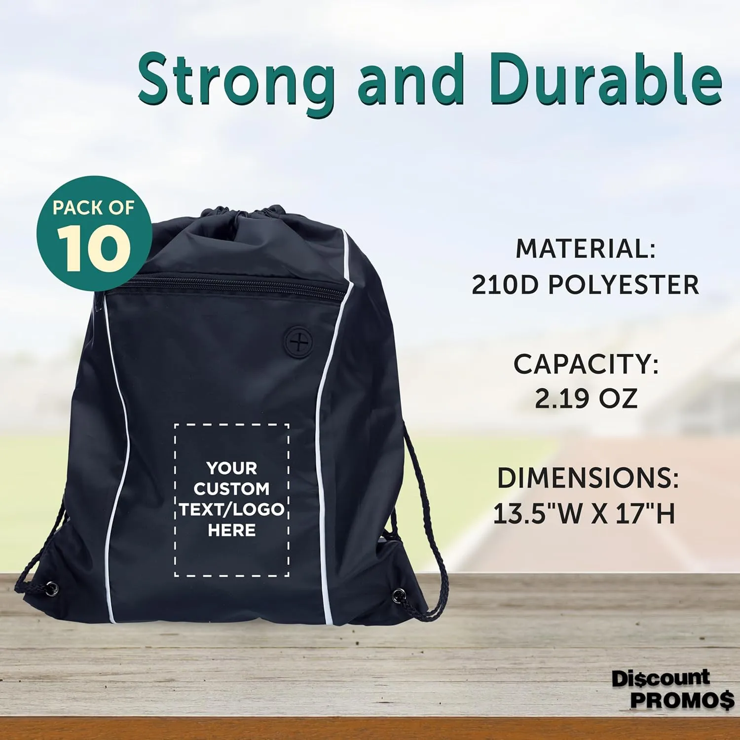 DISCOUNT PROMOS Two-Tone Drawstring Backpack Non-Woven - 10 pack - Customizable Text, Logo - Durable Sports Backpacks - Ideal for Work, Sports, Travel, Gym & More - Black