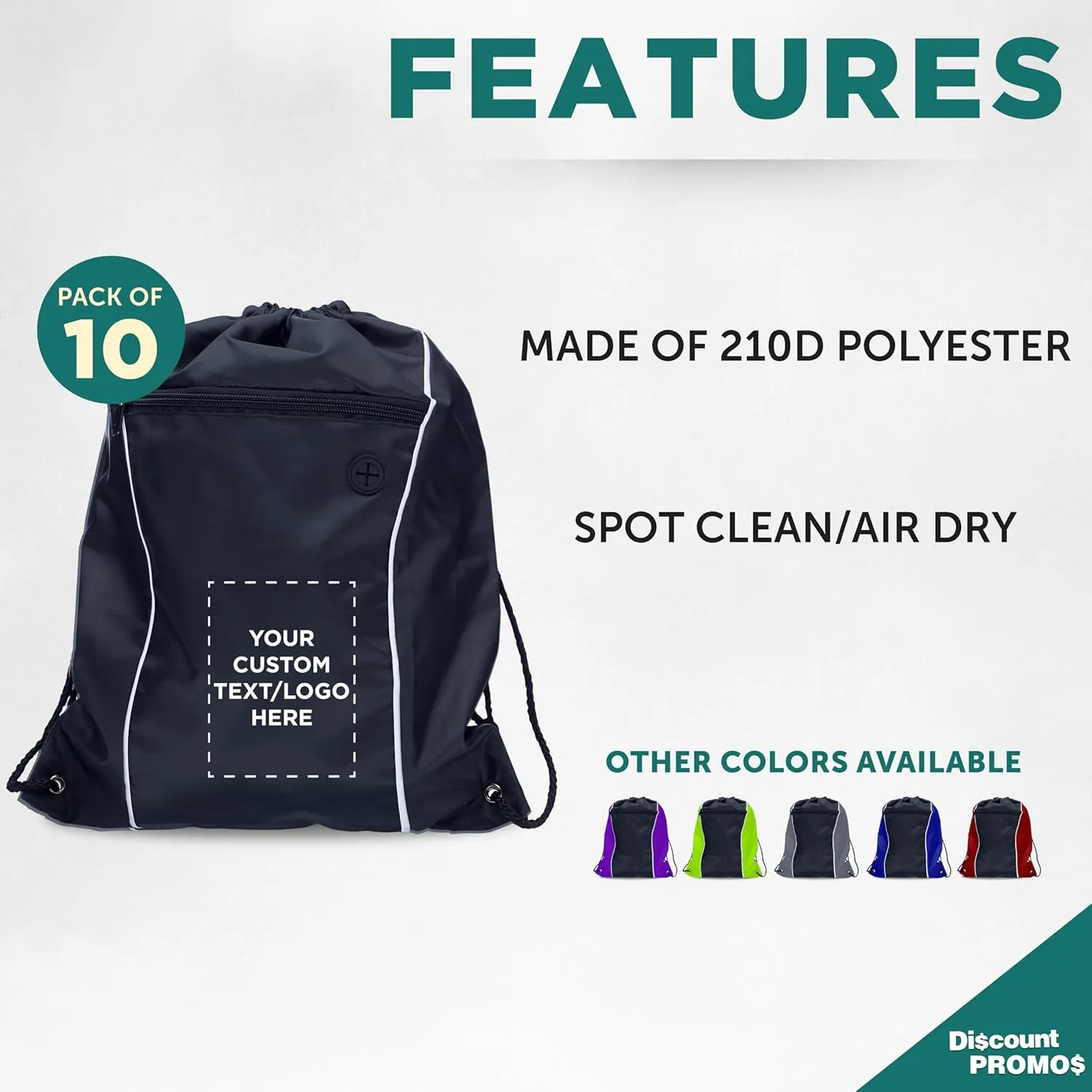 DISCOUNT PROMOS Two-Tone Drawstring Backpack Non-Woven - 10 pack - Customizable Text, Logo - Durable Sports Backpacks - Ideal for Work, Sports, Travel, Gym & More - Black