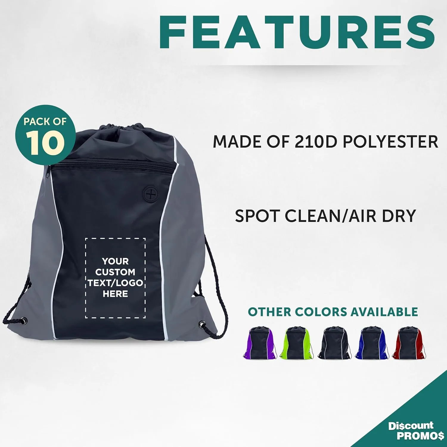 DISCOUNT PROMOS Two-Tone Drawstring Backpack Non-Woven - 10 pack - Customizable Text, Logo - Durable Sports Backpacks - Ideal for Work, Sports, Travel, Gym & More - Grey