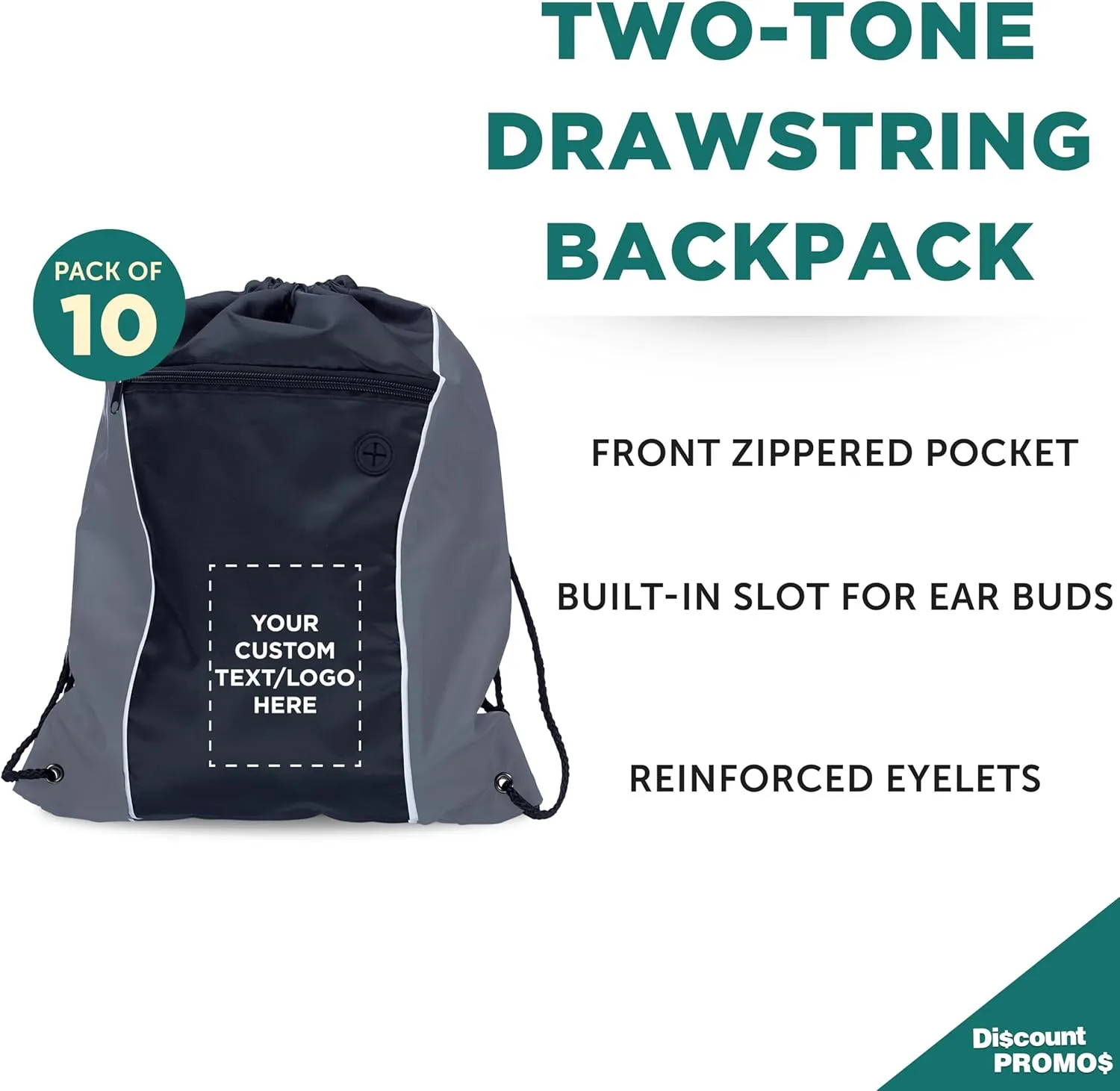 DISCOUNT PROMOS Two-Tone Drawstring Backpack Non-Woven - 10 pack - Customizable Text, Logo - Durable Sports Backpacks - Ideal for Work, Sports, Travel, Gym & More - Grey