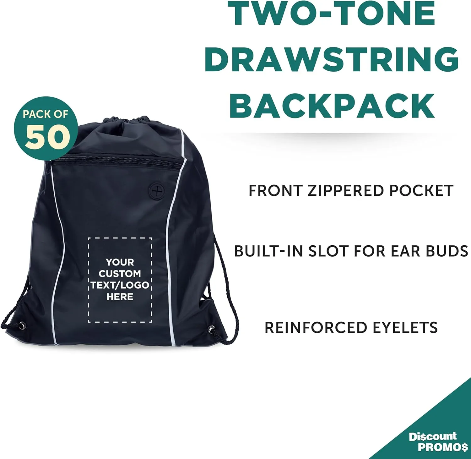 DISCOUNT PROMOS Two-Tone Drawstring Backpack Non-Woven - 50 pack - Customizable Text, Logo - Durable Sports Backpacks - Ideal for Work, Sports, Travel, Gym & More - Black