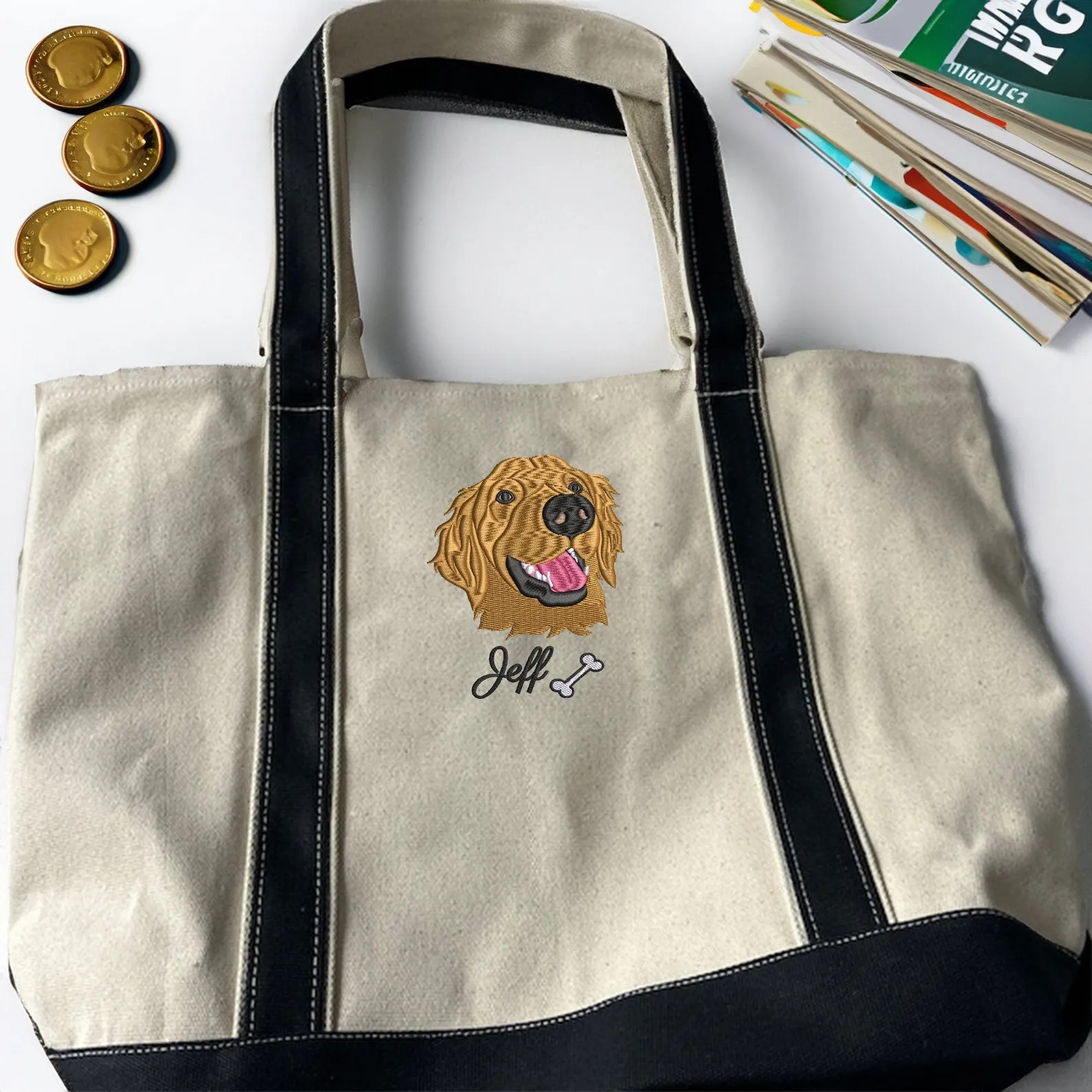 Dog Tote Bag, Golden Tote Bag, Personalized Embroidered Tote Bag, Dog Mom Bag, Pet Memorial Gift, Unique Gifts For Dog Lovers