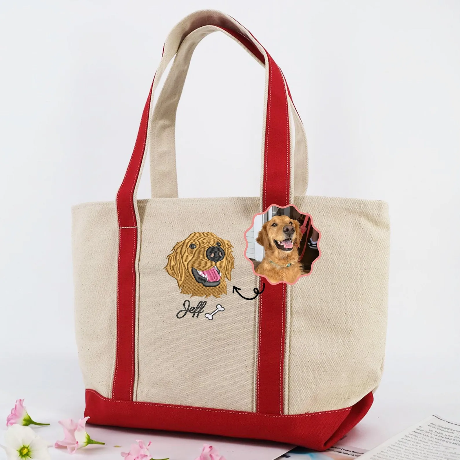 Dog Tote Bag, Golden Tote Bag, Personalized Embroidered Tote Bag, Dog Mom Bag, Pet Memorial Gift, Unique Gifts For Dog Lovers