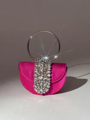 Dorothea Satin Crystal Clutch In Hot Pink