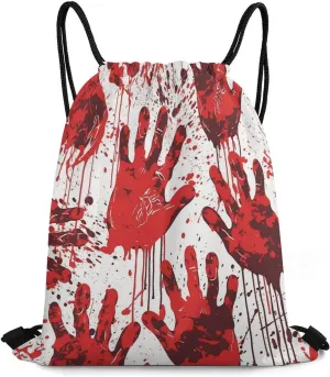 Drawstring Backpack Bag,Bloody Handprints Print Drawstring Backpacks,Sports Gym Backpack with Mesh Pocket String Bag for Women Men