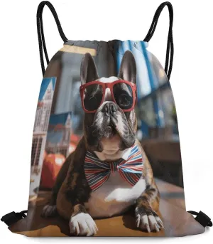 Drawstring Backpack Bag,Bulldog Wearing Sunglasses Print Drawstring Backpacks,Sports Gym Backpack with Mesh Pocket String Bag for Women Men