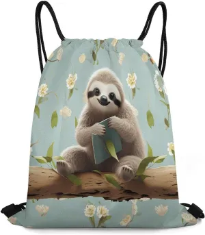Drawstring Backpack Bag,Cute Sloths Print Drawstring Backpacks,Sports Gym Backpack with Mesh Pocket String Bag for Women Men