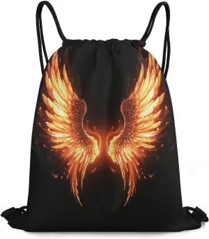 Drawstring Backpack Bag,Fire Angle Wings Print Drawstring Backpacks,Sports Gym Backpack with Mesh Pocket String Bag for Women Men