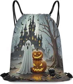 Drawstring Backpack Bag,Ghost Pumpkin Castle Print Drawstring Backpacks,Sports Gym Backpack with Mesh Pocket String Bag for Women Men