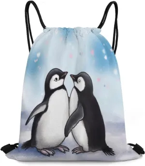Drawstring Backpack Bag,I Love Penguins Print Drawstring Backpacks,Sports Gym Backpack with Mesh Pocket String Bag for Women Men