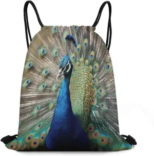 Drawstring Backpack Bag,The Peacock Print Drawstring Backpacks,Sports Gym Backpack with Mesh Pocket String Bag for Women Men