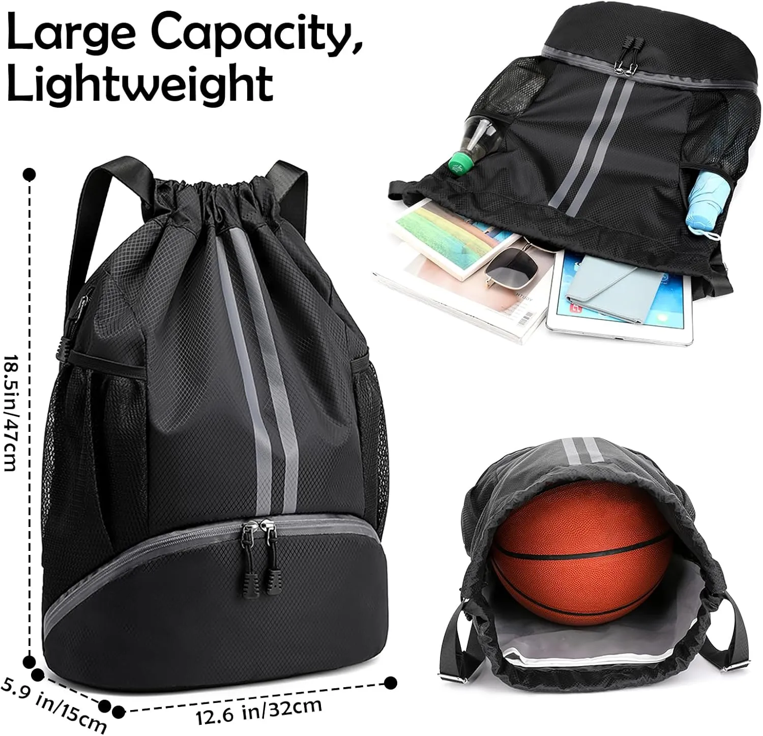 Drawstring Backpack Gymbag Water Resistant Sports Sackpack with Zipper/Shoe Compartment/Wet Pocket/Mesh Pockets Gym Sack for Women Men Lightweight String Bag for Travel Soccer Swim, Black