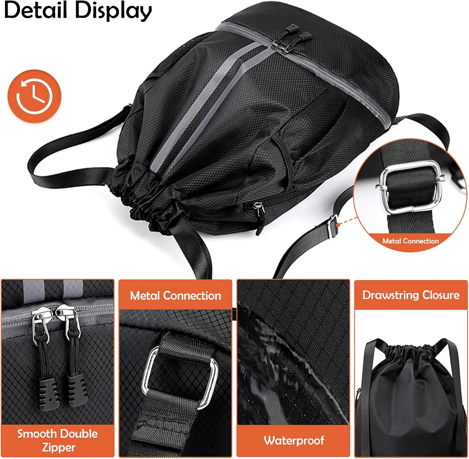 Drawstring Backpack Gymbag Water Resistant Sports Sackpack with Zipper/Shoe Compartment/Wet Pocket/Mesh Pockets Gym Sack for Women Men Lightweight String Bag for Travel Soccer Swim, Black