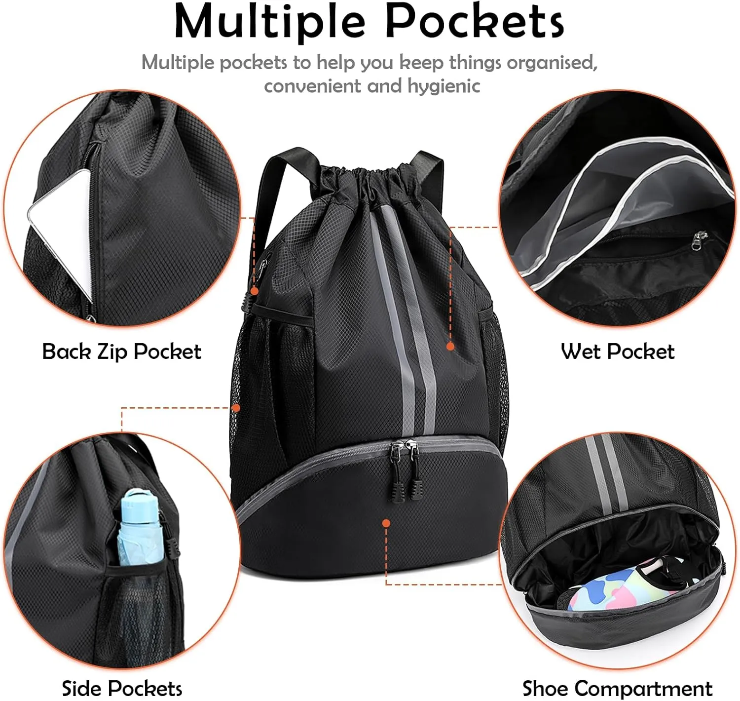 Drawstring Backpack Gymbag Water Resistant Sports Sackpack with Zipper/Shoe Compartment/Wet Pocket/Mesh Pockets Gym Sack for Women Men Lightweight String Bag for Travel Soccer Swim, Black