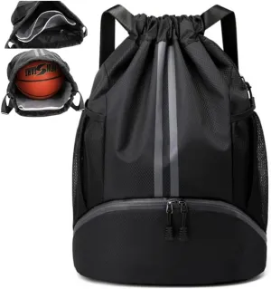 Drawstring Backpack Water Resistant Sports Sackpack Pool Bag Gymbag with Shoe Compartment Wet Pocket Mesh Pockets Gym Sack for Women Men String Bag for Travel Swim Soccer Basketball Black