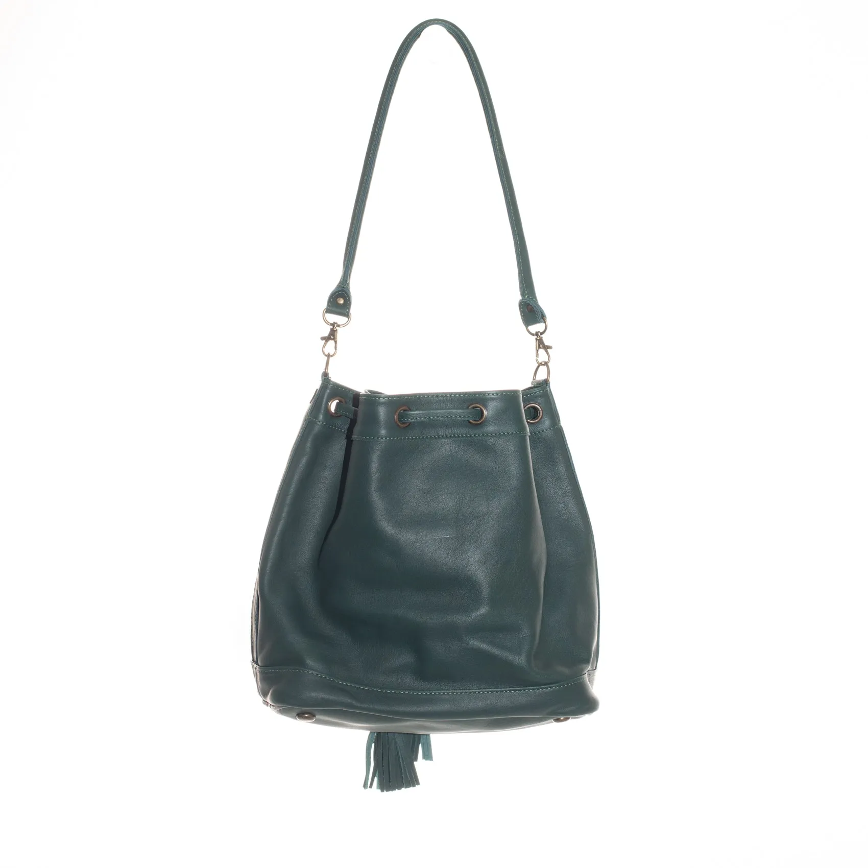 DRAWSTRING BUCKET BAG - FULL LEATHER - EVERGREEN
