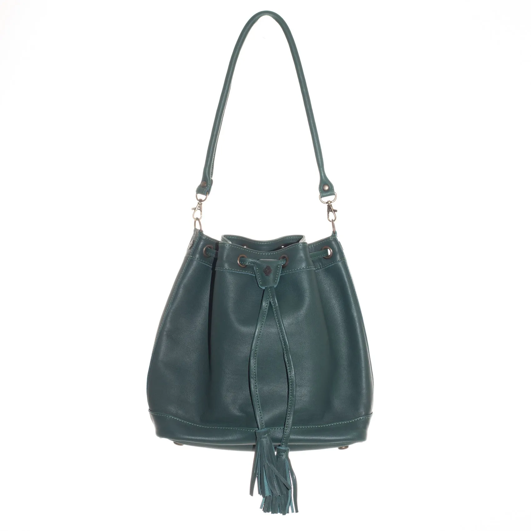 DRAWSTRING BUCKET BAG - FULL LEATHER - EVERGREEN