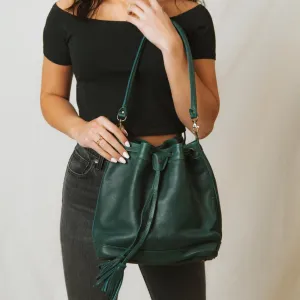 DRAWSTRING BUCKET BAG - FULL LEATHER - EVERGREEN