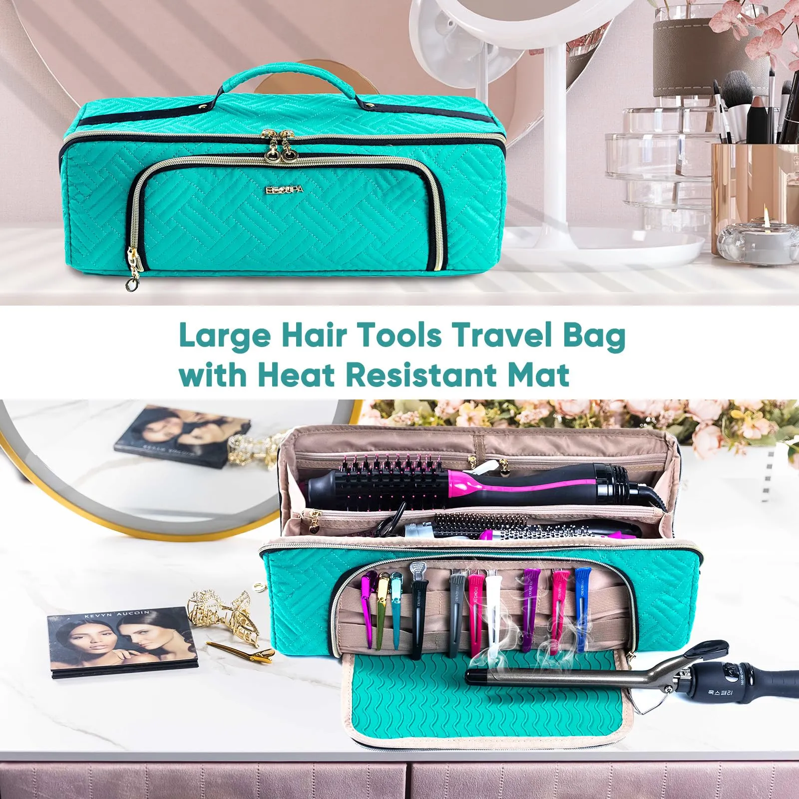 ELCUPA Large Hair Tools Travel Bag with Iron Mat - 2in1 Hair Tools Organizer for Hair Dryer Brush, Flat Irons, Straighteners, Curling Irons, Hair Bag, Makeup Bag