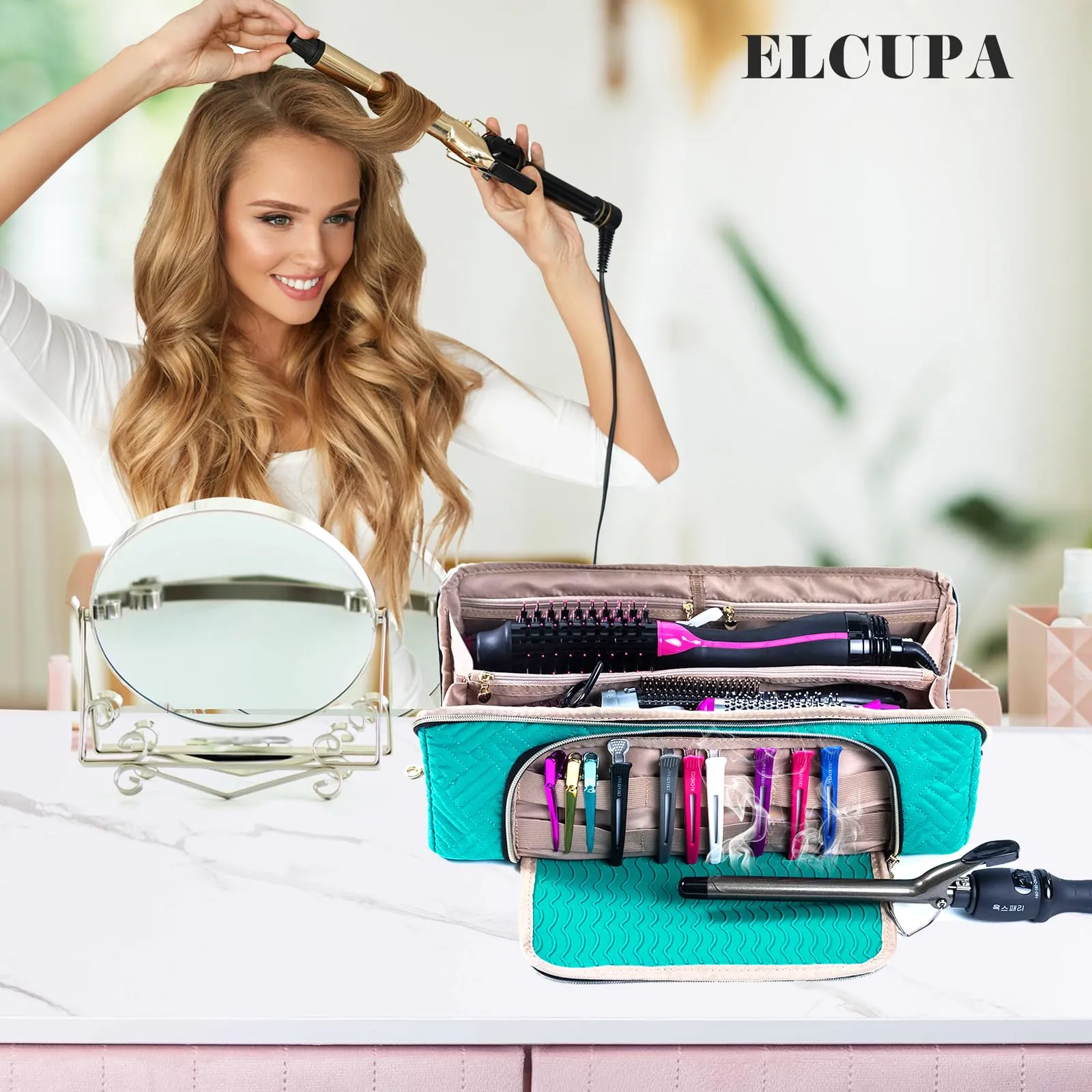 ELCUPA Large Hair Tools Travel Bag with Iron Mat - 2in1 Hair Tools Organizer for Hair Dryer Brush, Flat Irons, Straighteners, Curling Irons, Hair Bag, Makeup Bag