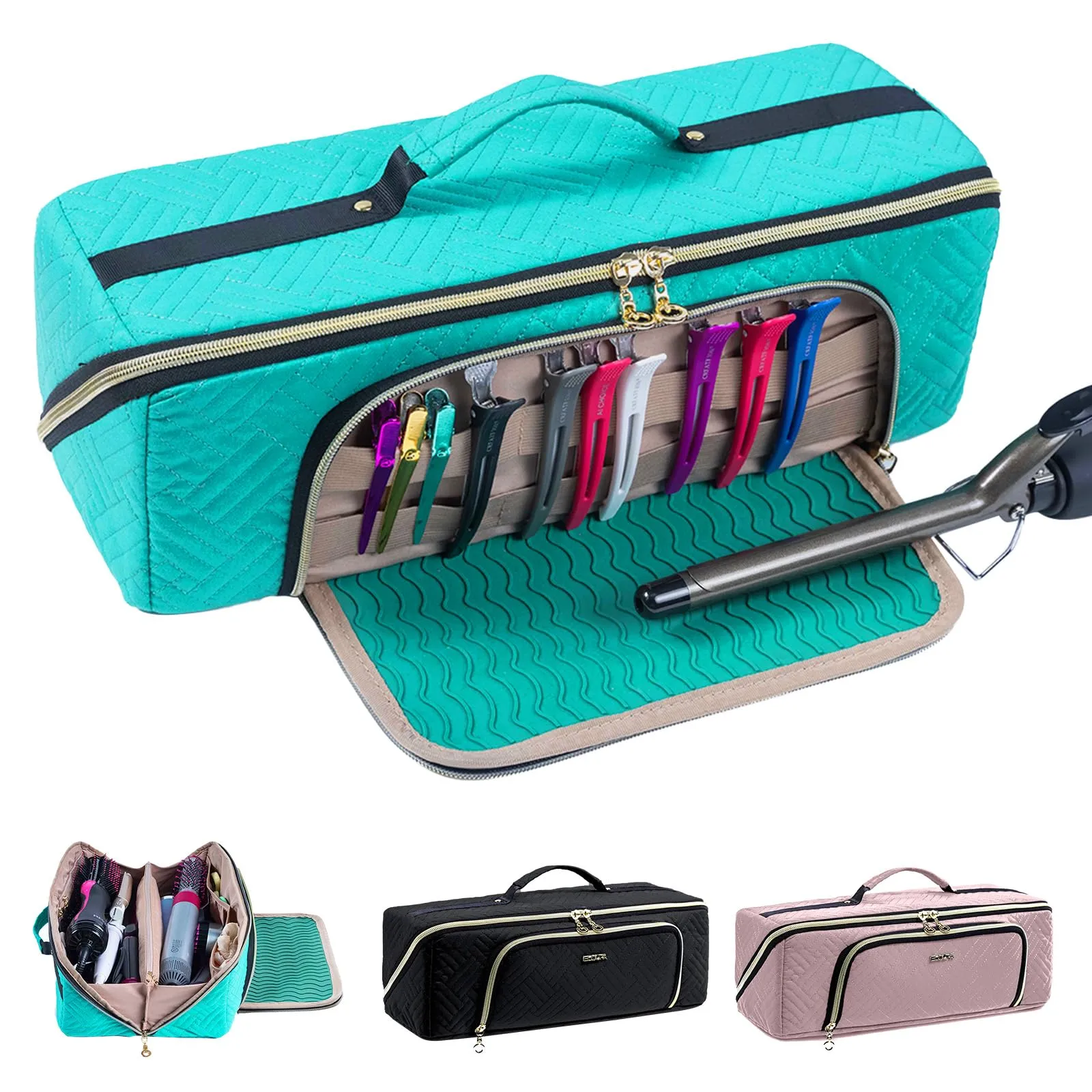 ELCUPA Large Hair Tools Travel Bag with Iron Mat - 2in1 Hair Tools Organizer for Hair Dryer Brush, Flat Irons, Straighteners, Curling Irons, Hair Bag, Makeup Bag