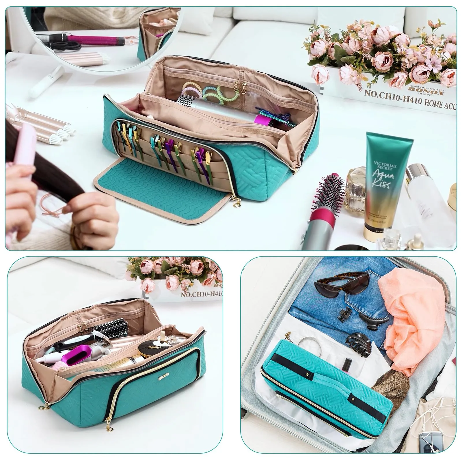 ELCUPA Large Hair Tools Travel Bag with Iron Mat - 2in1 Hair Tools Organizer for Hair Dryer Brush, Flat Irons, Straighteners, Curling Irons, Hair Bag, Makeup Bag