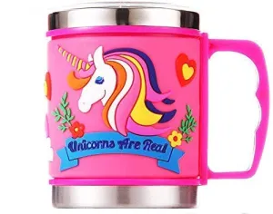 Elipsis-Stainless Steel Emboss Mug Hot and Cold Coffee/Milk/Tea Mug 300 ml with Plastic Lid for Kids Cute Prints Soft Rubber Design Mug (Random Color) - Set of 1 (Unicorn)