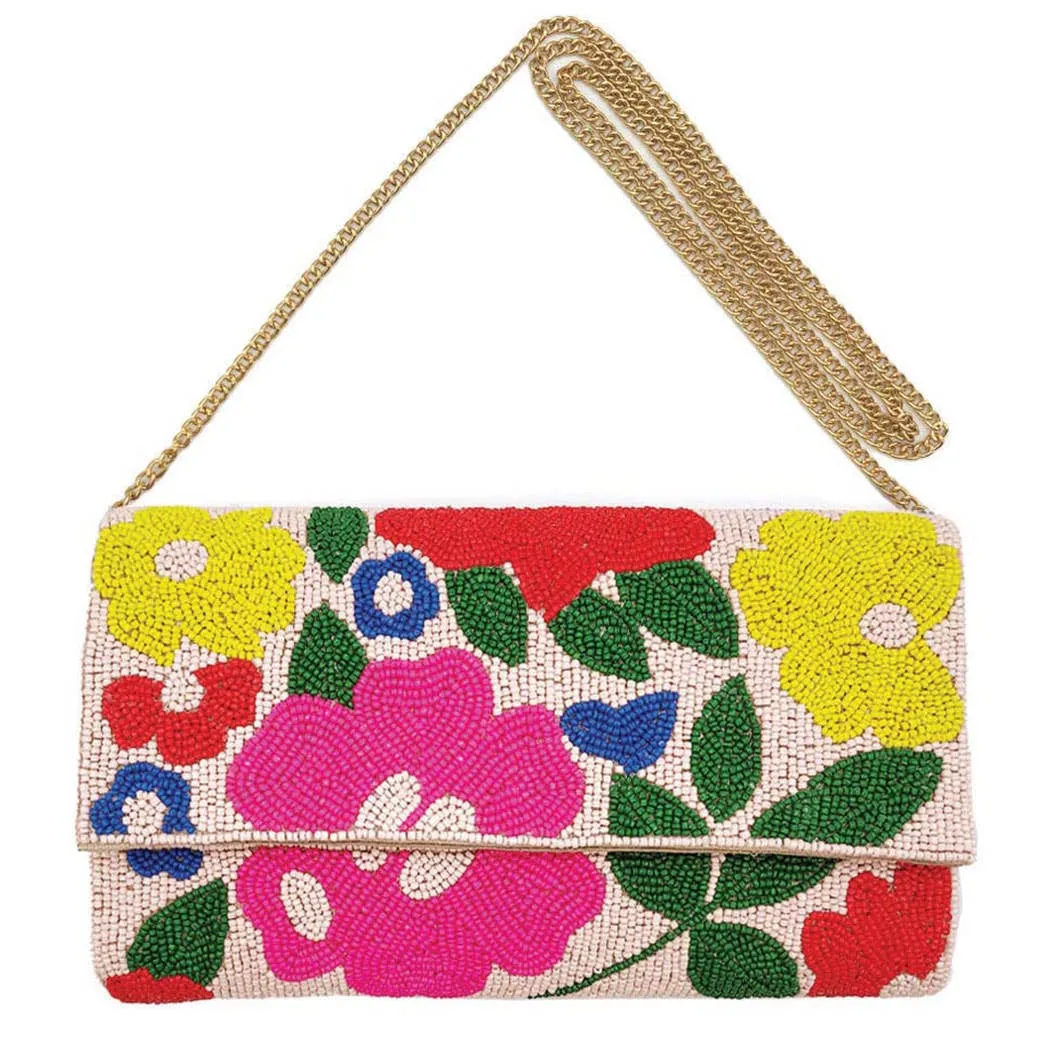 Fashion City - Seed Beaded Flower Designed Clutch with Chain