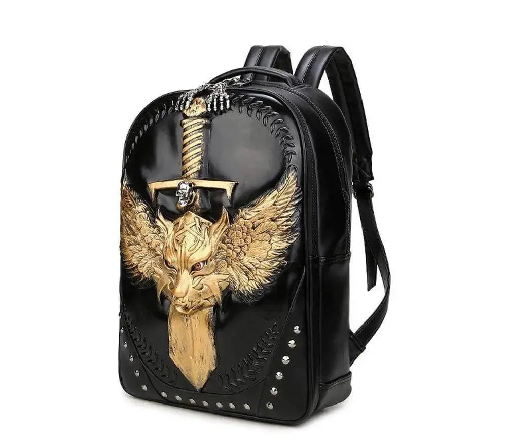 Fashion Punk Rivets Backpack 3D Wing Wolf - Warrior Cartoon Backpack Knapsacks
