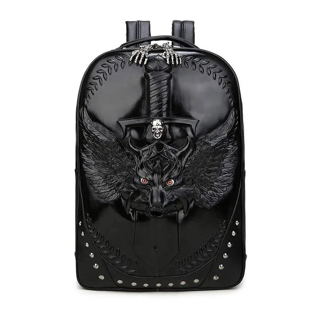 Fashion Punk Rivets Backpack 3D Wing Wolf - Warrior Cartoon Backpack Knapsacks