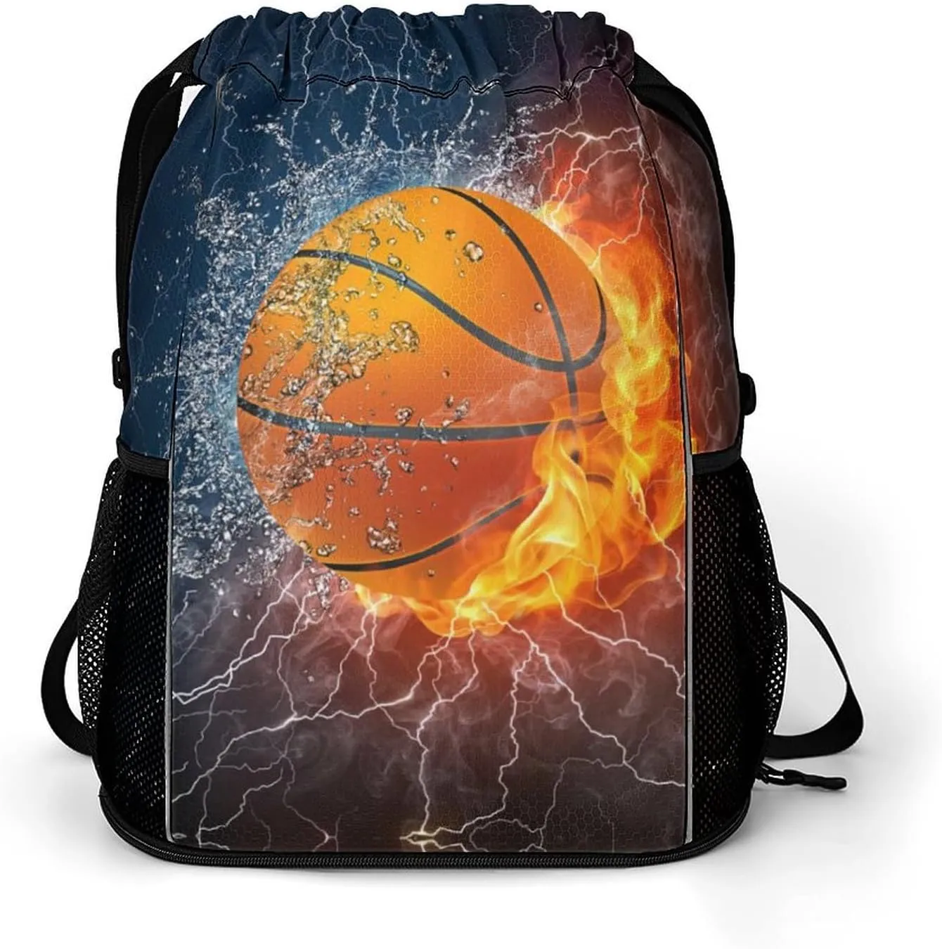 Fire and Ice Basketball Drawstring Bags Sports Gym Sackpack with Mesh Pockets Water Resistant Backpack