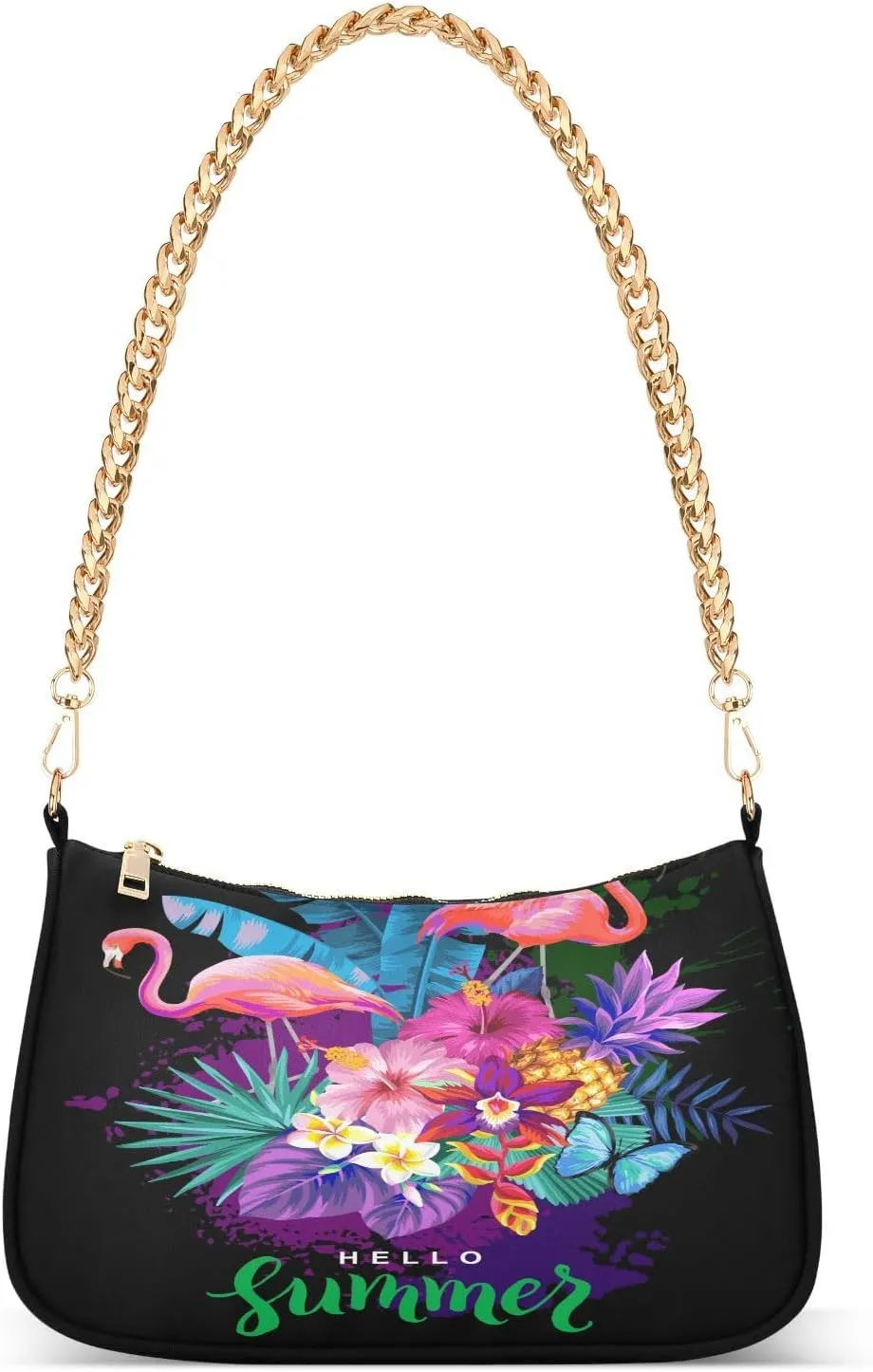 Flamingo Summer Shoulder Handbags for Women Travel Hobo Tote Handbag Women Gold Chain Shoulder Bags Purse with Zipper Closure