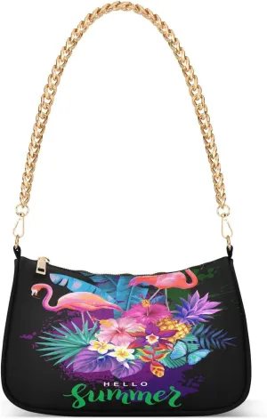 Flamingo Summer Shoulder Handbags for Women Travel Hobo Tote Handbag Women Gold Chain Shoulder Bags Purse with Zipper Closure